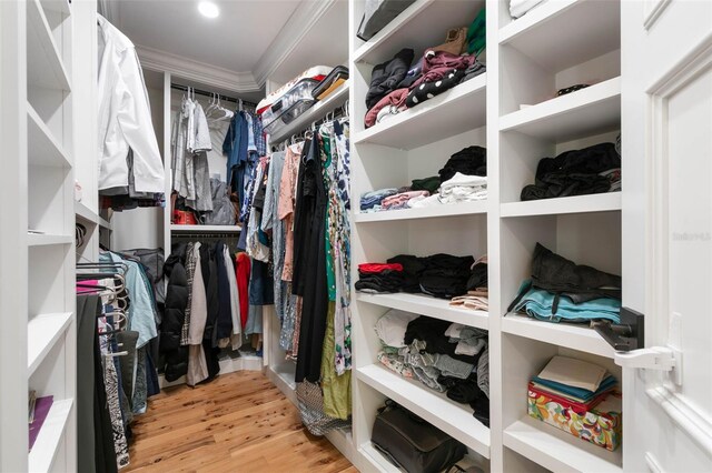 walk in closet with light hardwood / wood-style flooring