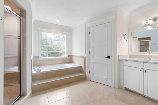 bathroom featuring ornamental molding, vanity, tile patterned flooring, and separate shower and tub