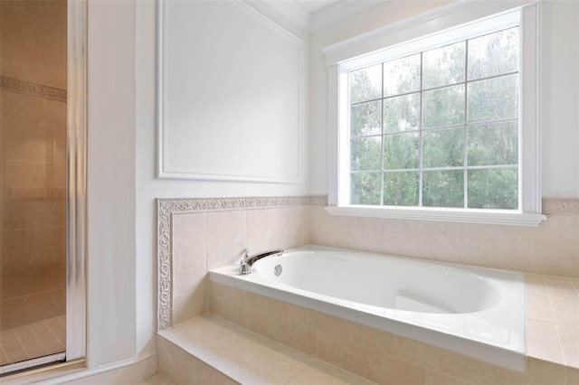 bathroom featuring ornamental molding and plus walk in shower