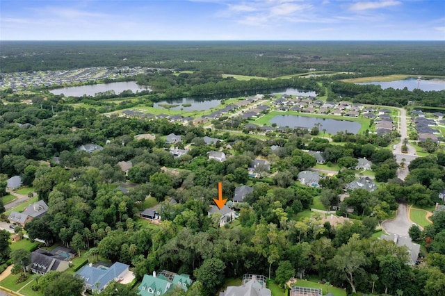 bird's eye view with a water view