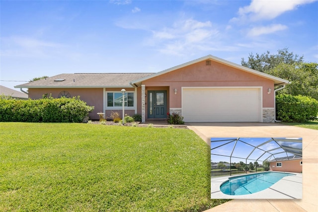 ranch-style house with a garage and a front lawn