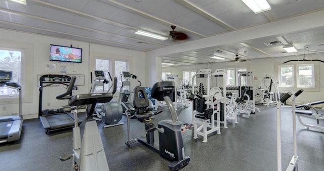 gym featuring a healthy amount of sunlight and ceiling fan