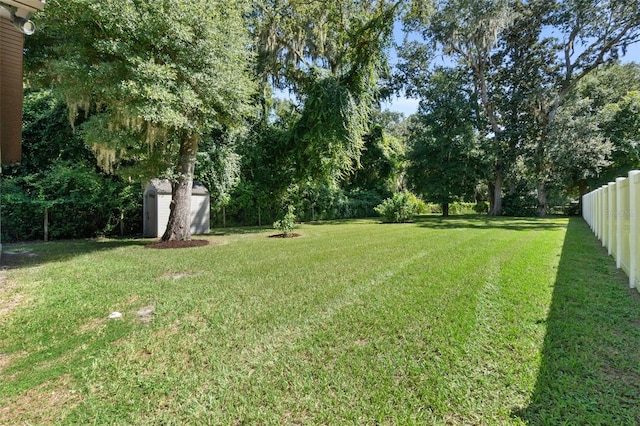 view of yard featuring a storage unit, an outdoor structure, and fence