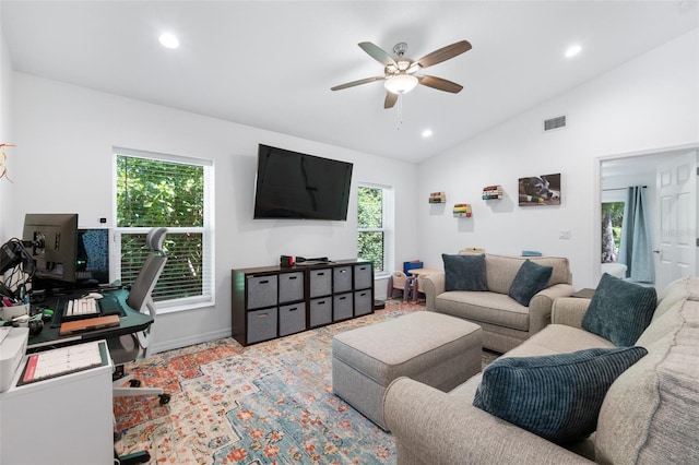 living area with lofted ceiling, ceiling fan, visible vents, and recessed lighting