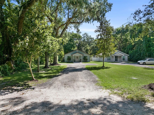 view of front of house with gravel driveway, a wooded view, and a front lawn