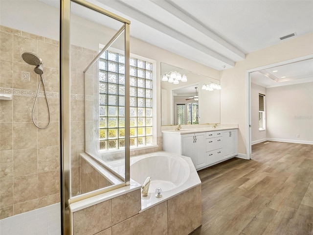 bathroom featuring vanity, separate shower and tub, wood-type flooring, crown molding, and ceiling fan