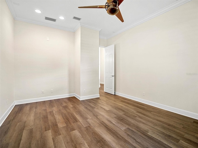 unfurnished room with ceiling fan, wood-type flooring, and ornamental molding