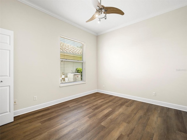 unfurnished room featuring ornamental molding, ceiling fan, and dark hardwood / wood-style floors