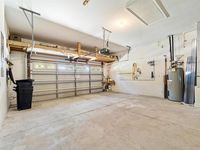 garage with a garage door opener and water heater