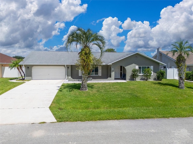 single story home with a garage and a front yard