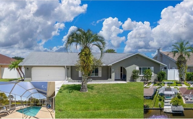 ranch-style house with glass enclosure, a garage, and a front lawn