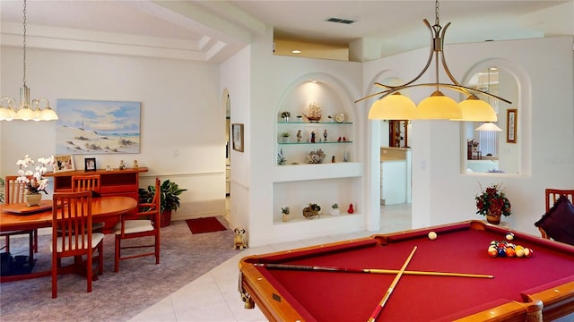 playroom with built in features, pool table, beam ceiling, and light tile patterned flooring