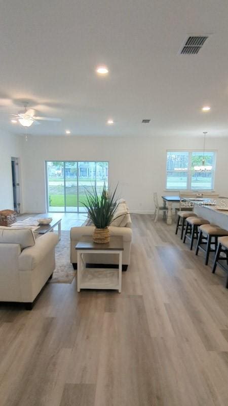 living room with light hardwood / wood-style flooring and ceiling fan