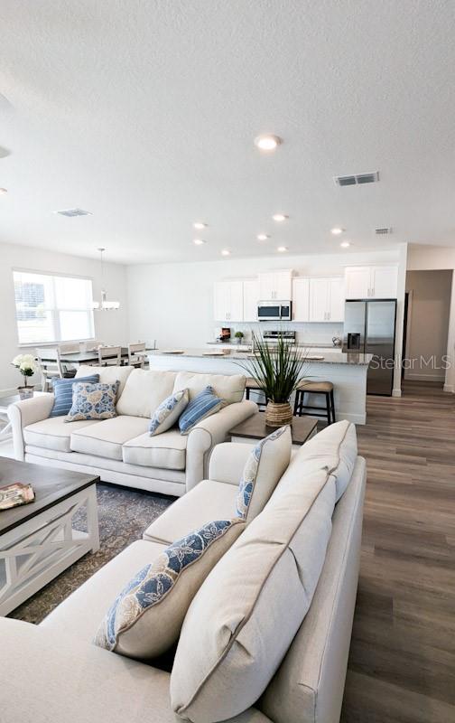 living room with a textured ceiling and dark hardwood / wood-style flooring