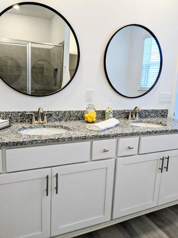 bathroom with walk in shower, vanity, and hardwood / wood-style flooring