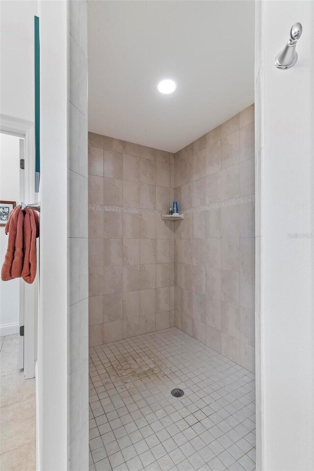 bathroom featuring a tile shower and tile patterned floors