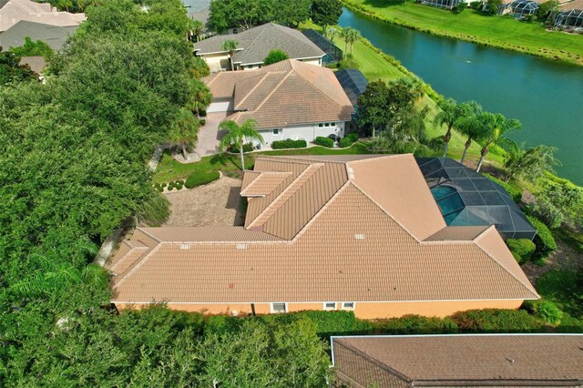 drone / aerial view featuring a water view