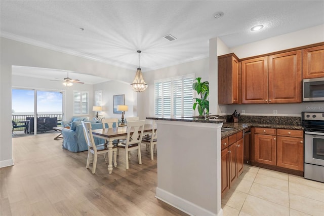 kitchen featuring ceiling fan with notable chandelier, appliances with stainless steel finishes, plenty of natural light, and dark stone counters