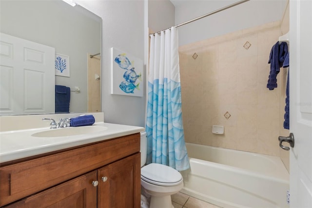 full bathroom with shower / bath combination with curtain, vanity, toilet, and tile patterned floors