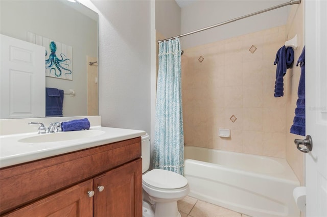 full bathroom featuring shower / tub combo, tile patterned flooring, vanity, and toilet