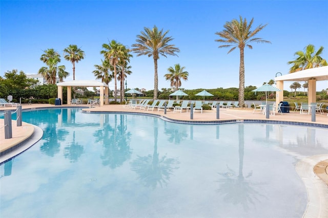 view of pool featuring a gazebo and a patio