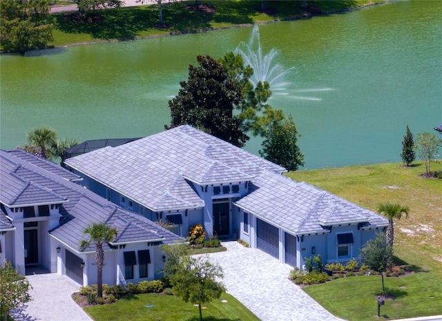 drone / aerial view featuring a water view