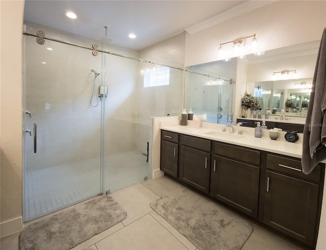 full bath featuring tile patterned floors, a stall shower, recessed lighting, vanity, and ornamental molding