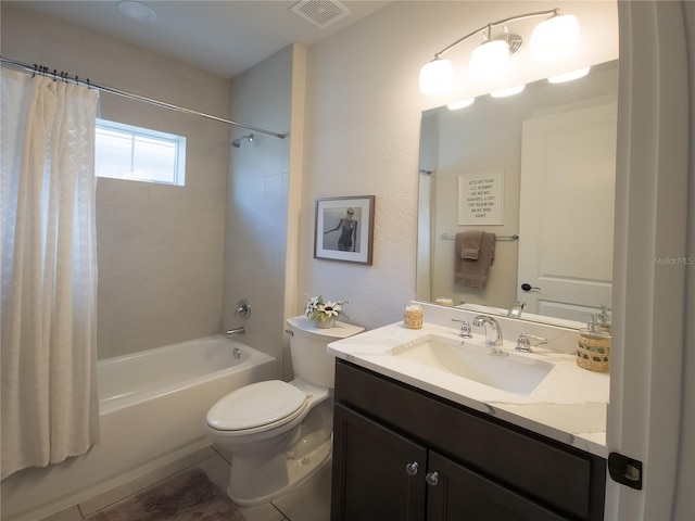 full bathroom with vanity, toilet, tile patterned floors, and shower / bath combo with shower curtain