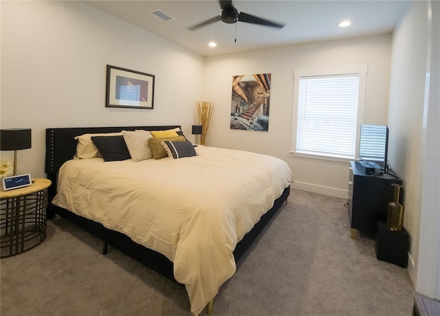 bedroom featuring ceiling fan and carpet floors