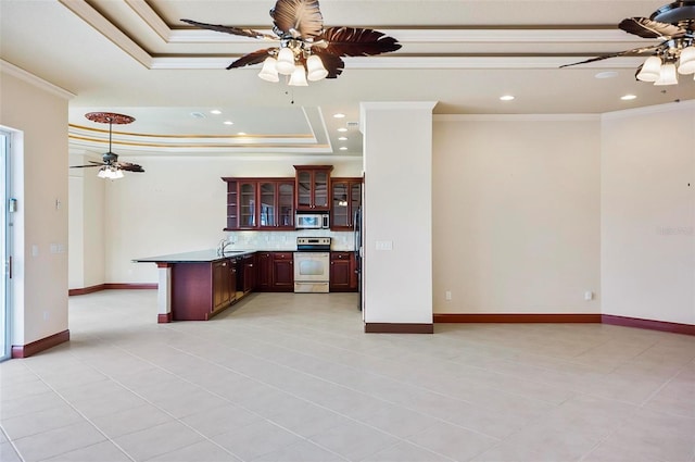 kitchen featuring appliances with stainless steel finishes, a raised ceiling, crown molding, and ceiling fan