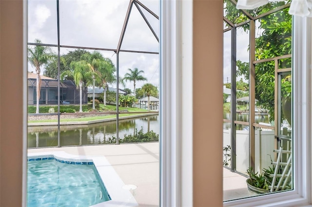 interior space with a water view