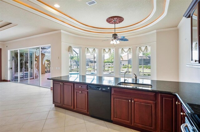 kitchen with black dishwasher, a tray ceiling, crown molding, sink, and ceiling fan