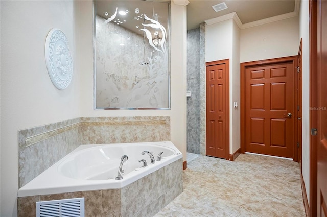 bathroom with shower with separate bathtub and crown molding