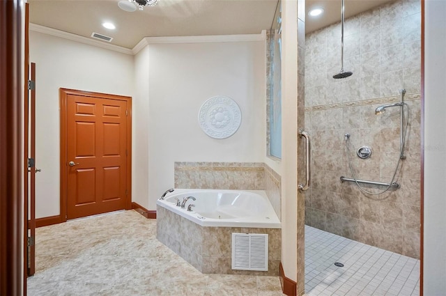 bathroom featuring separate shower and tub and crown molding