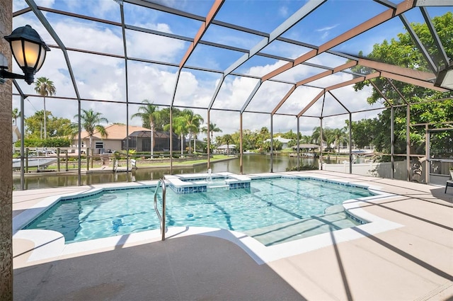 view of swimming pool with a lanai, a water view, an in ground hot tub, and a patio