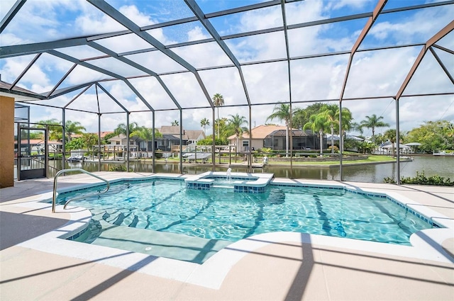 view of swimming pool featuring a water view, an in ground hot tub, a patio, and a lanai