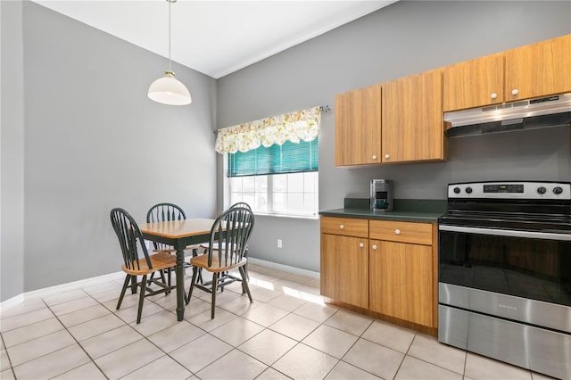 kitchen with stainless steel electric range, exhaust hood, decorative light fixtures, and light tile patterned floors