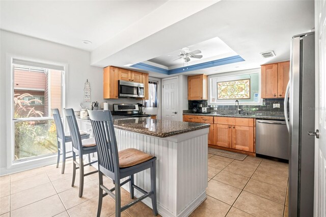 kitchen featuring dark stone counters, tasteful backsplash, sink, appliances with stainless steel finishes, and ceiling fan