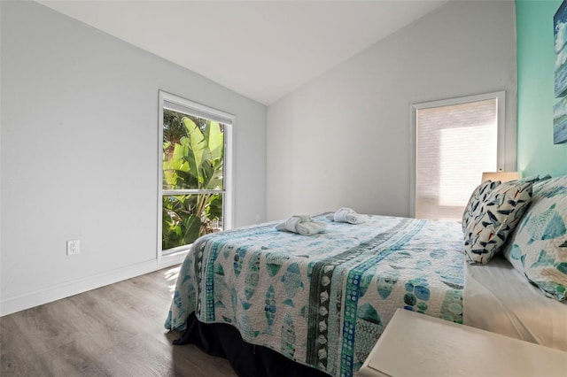 bedroom featuring lofted ceiling and hardwood / wood-style floors