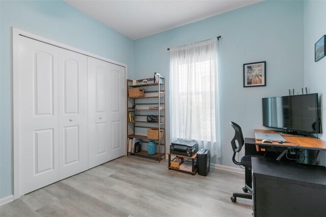 office area featuring a wealth of natural light and light hardwood / wood-style floors