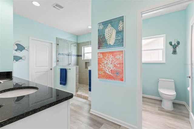 bathroom with toilet, a tile shower, hardwood / wood-style flooring, and vanity