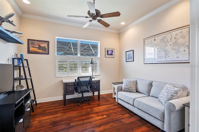 interior space with crown molding, ceiling fan, and dark hardwood / wood-style floors