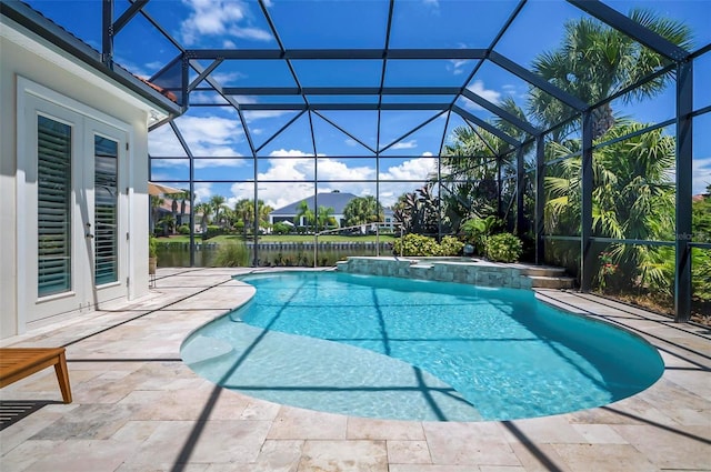 view of swimming pool with a water view, a patio, and a lanai