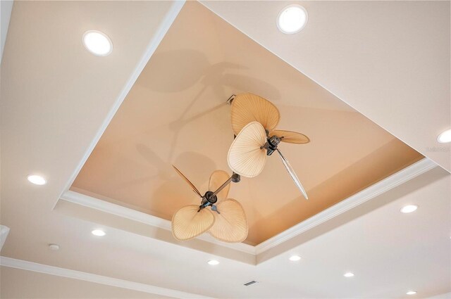 interior details with a tray ceiling and crown molding