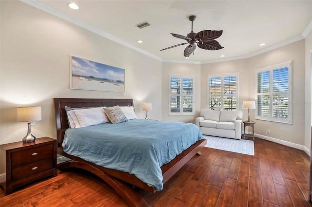 bedroom featuring ornamental molding, ceiling fan, and dark hardwood / wood-style floors