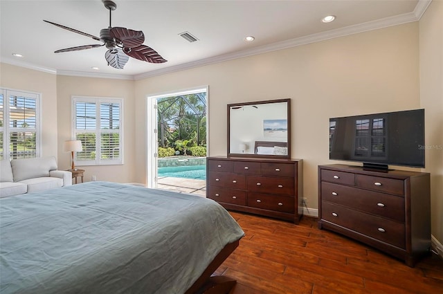 bedroom with dark wood-type flooring, ceiling fan, access to exterior, and ornamental molding