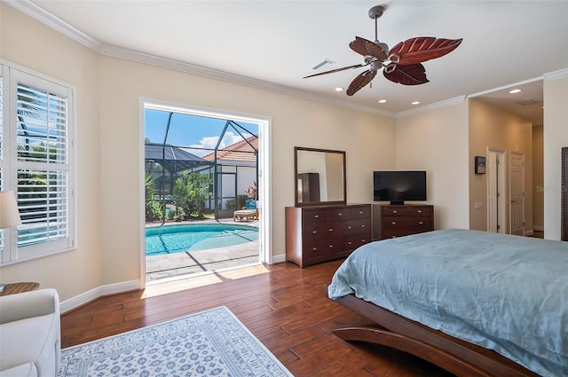 bedroom with multiple windows, ceiling fan, dark hardwood / wood-style floors, and access to exterior