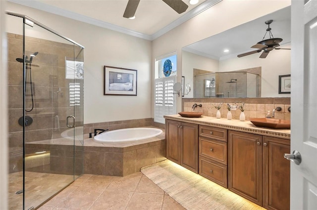 bathroom featuring separate shower and tub, crown molding, tile patterned floors, ceiling fan, and vanity