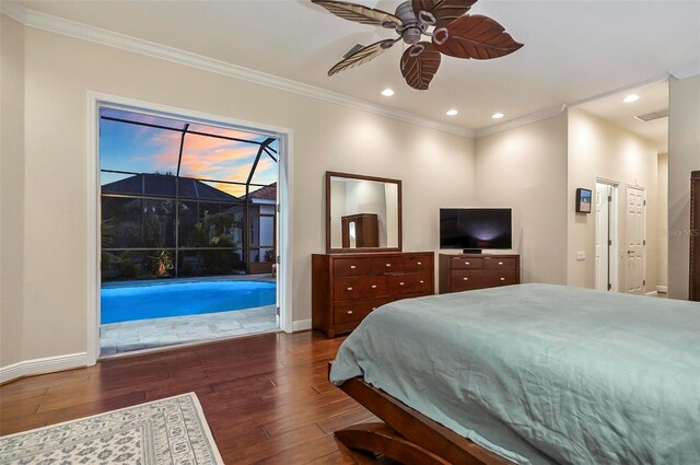 bedroom with dark wood-type flooring, ceiling fan, access to exterior, and ornamental molding