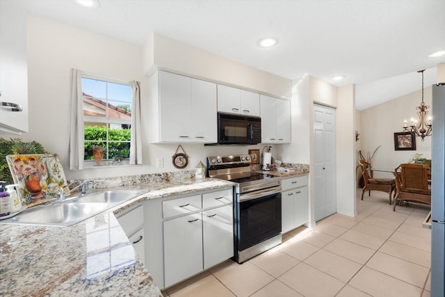 kitchen with stainless steel electric range oven, white cabinetry, light tile patterned floors, an inviting chandelier, and sink